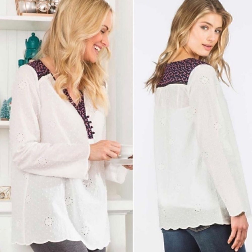 Matilda Jane long sleeve Sheer Eyelet w/ navy floral trim popover top size XXL